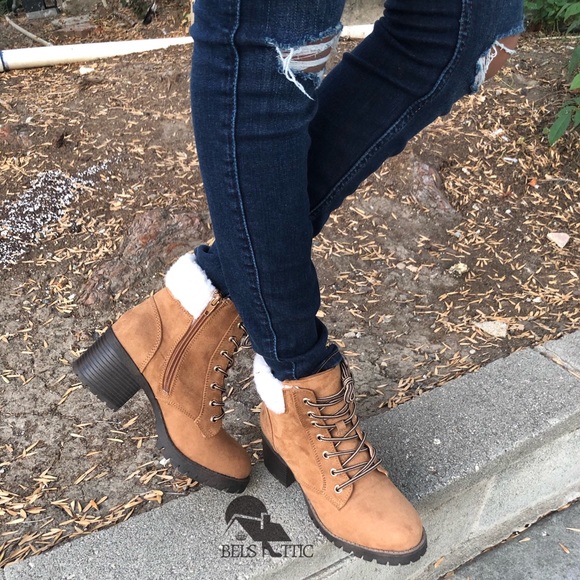 Tan Fur Combat Military heeled boots - Picture 3 of 7